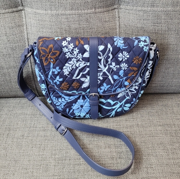Vera Bradley Handbags - Vera Bradley Floral Blue and Brown Quilted Women's Saddle Crossbody Bag